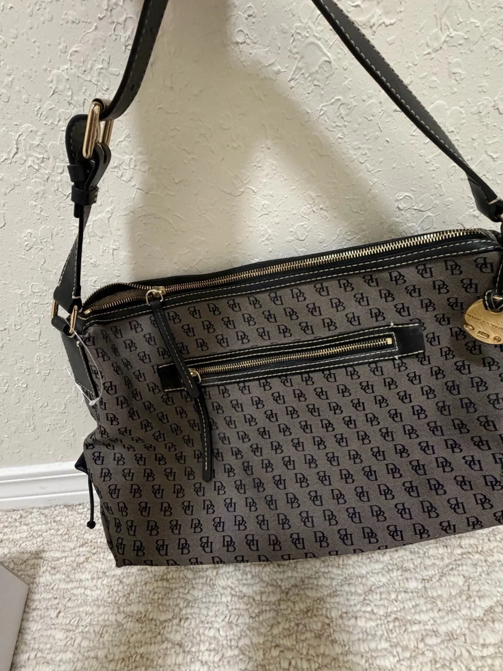 Dooney & Bourke black and grey Monogram Shoulder Bag with Black Strap